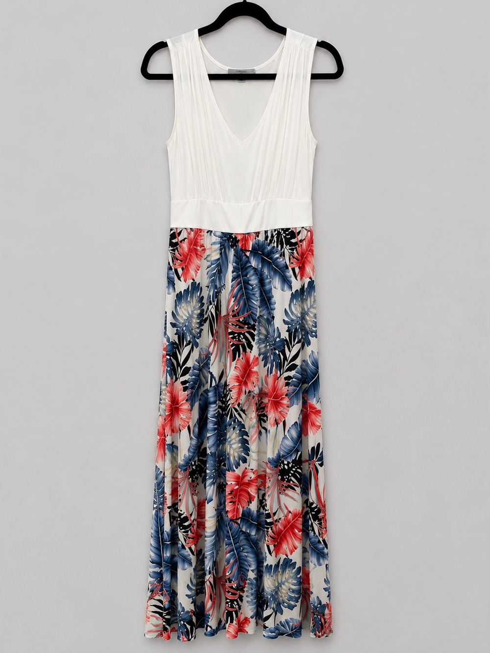 White V-Neck Maxi Dress with Blue and Coral Tropical Print